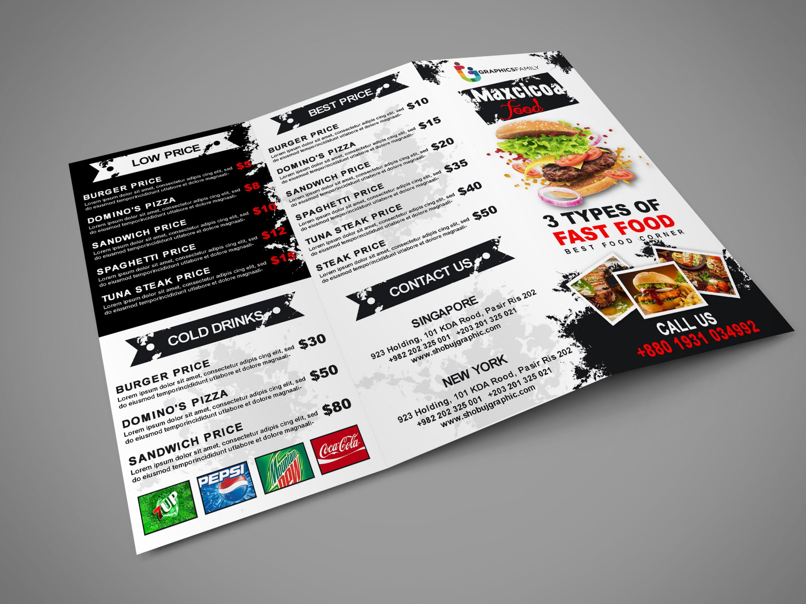 trifold food menu design psd