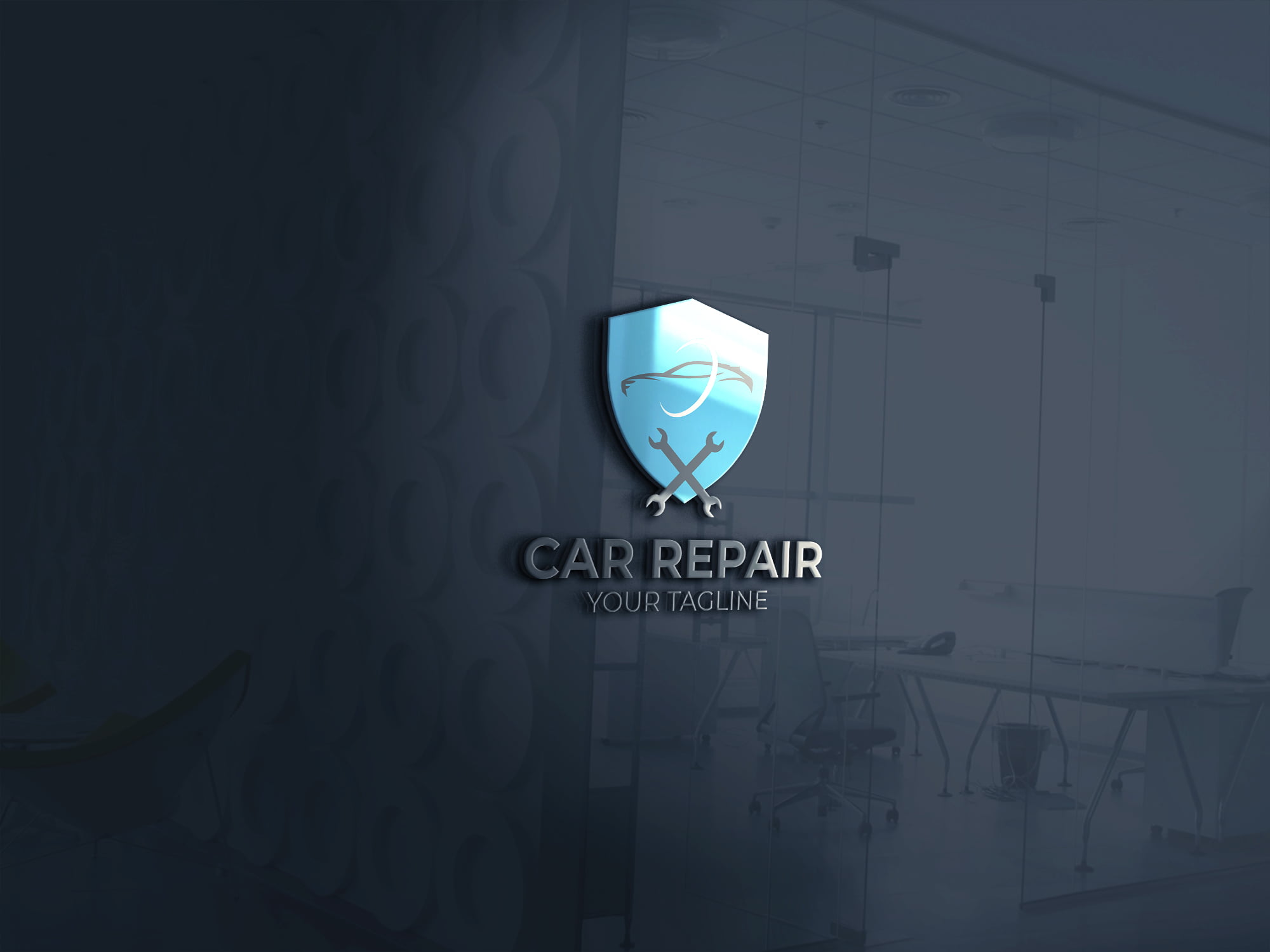 car repair logo with 3d office wall