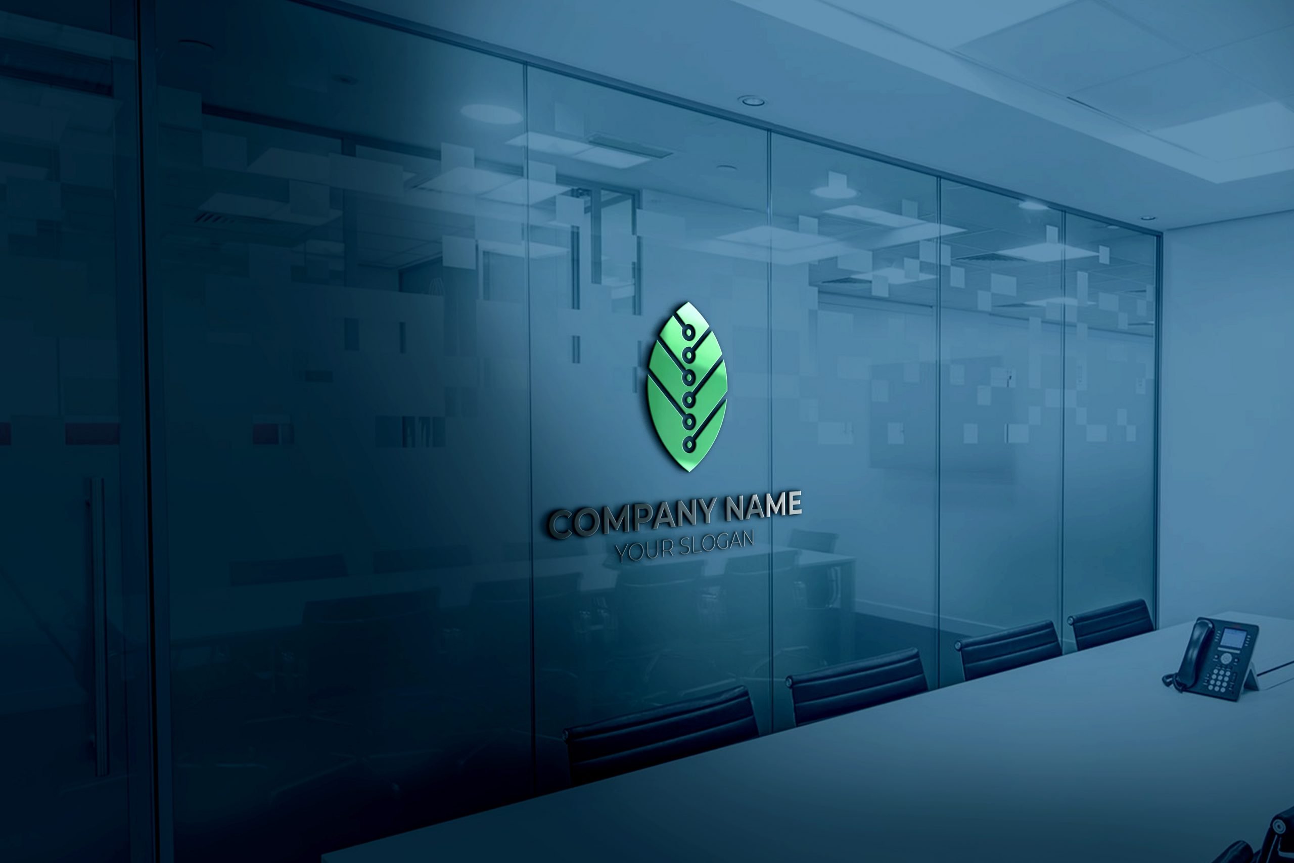 green logo on 3d office wall