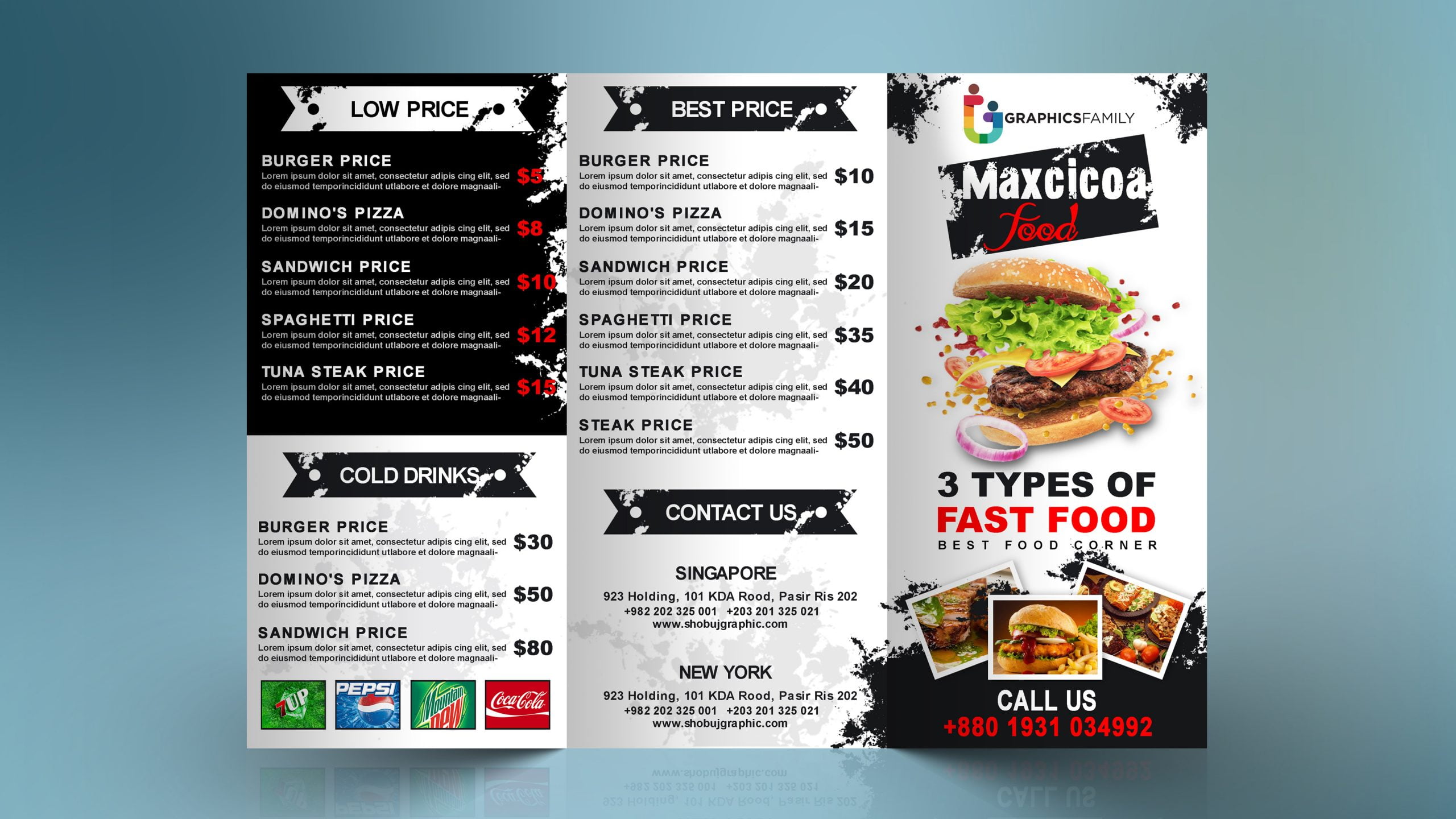 trifold food menu design template