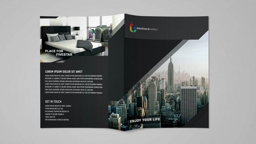 Modern Black bi fold Brochure Design Template psd – GraphicsFamily