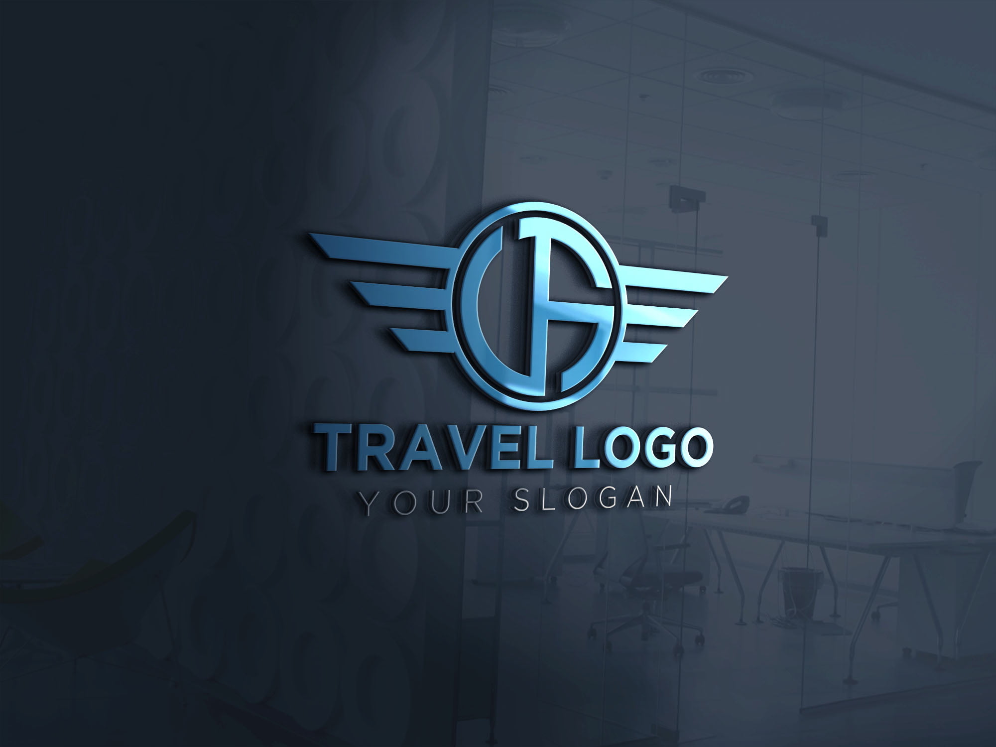 Modern travel logo on 3d office wall