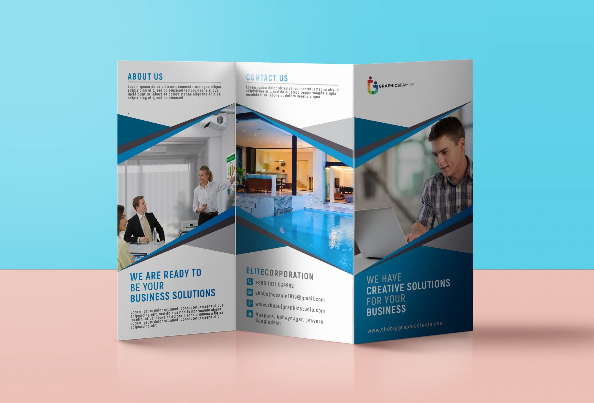 Blue Corporate Tri Fold Brochure Template Free Psd – GraphicsFamily