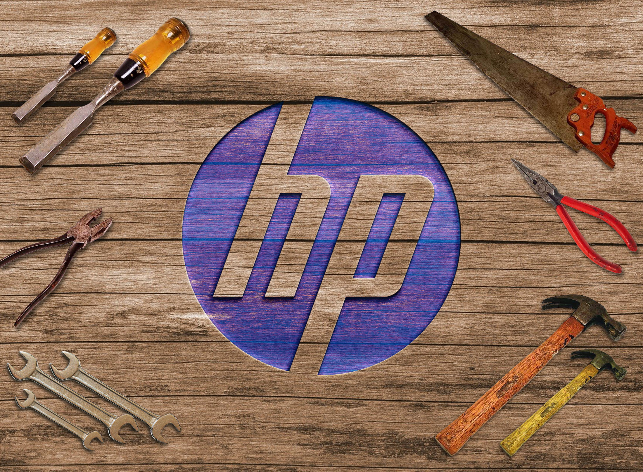 HP logo on curved wood