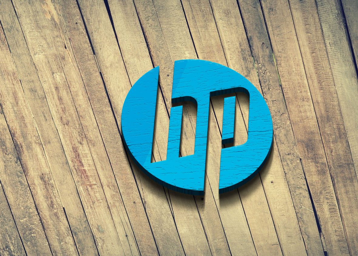 HP logo on wood mockup