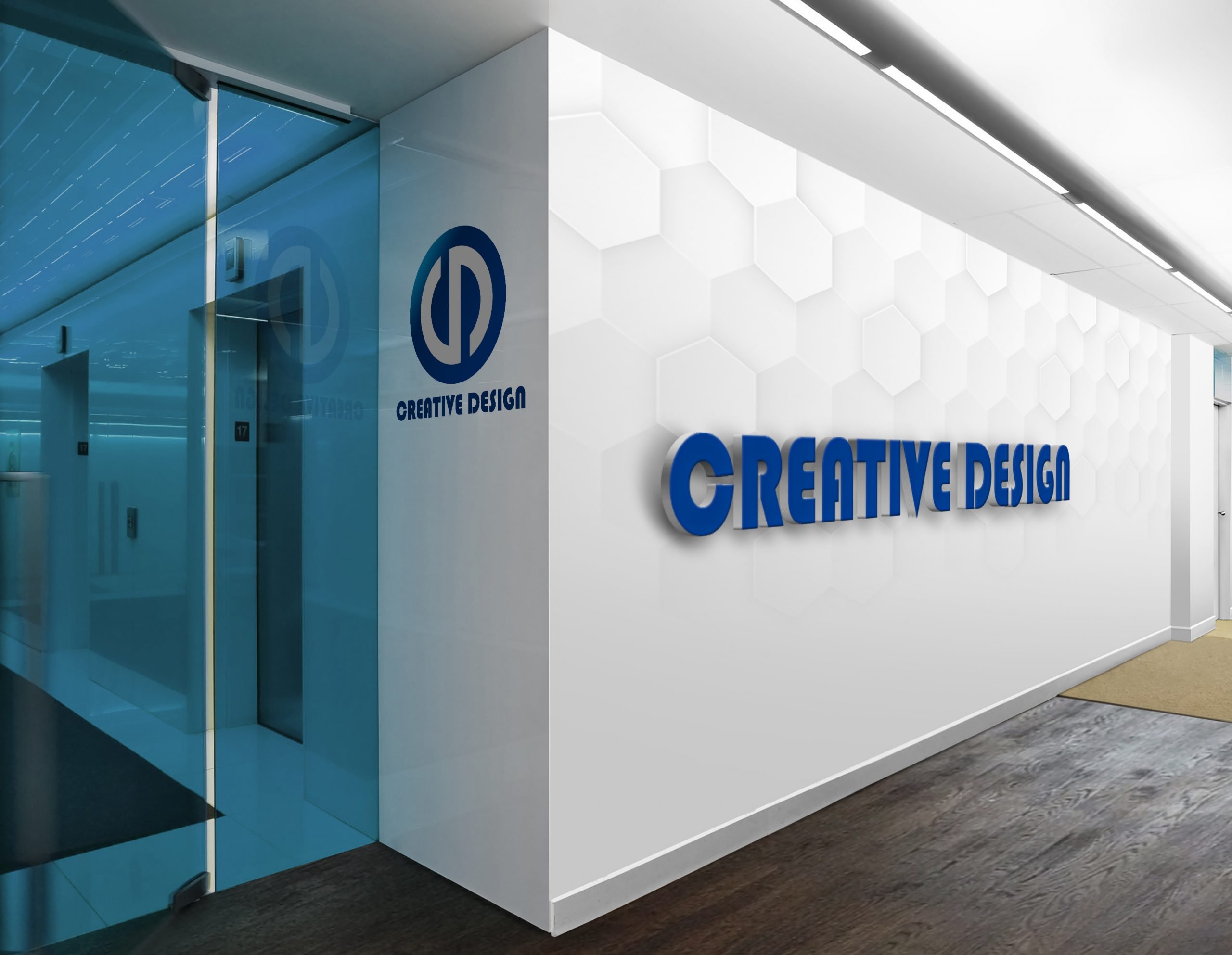 C and D logo on office wall presentation
