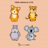 Cat, Hippo, Koala Bear and Tiger Free Vector Illustration