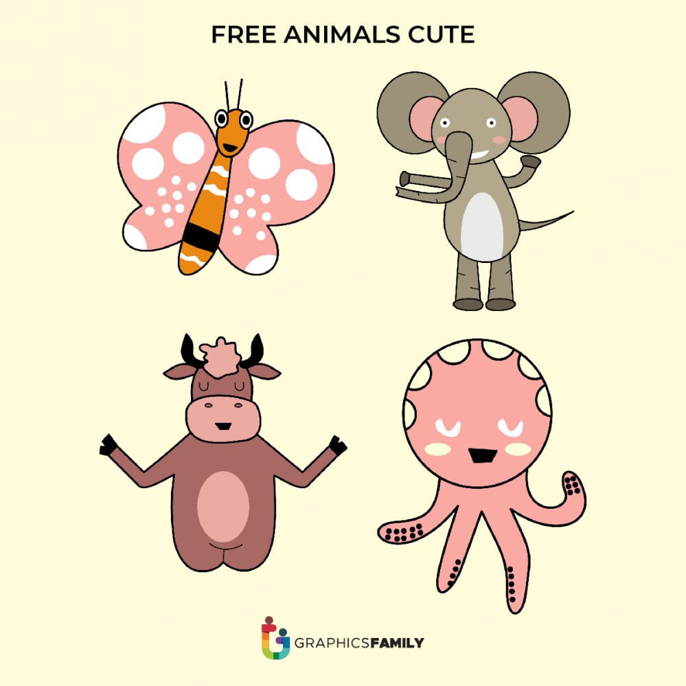 Cute Butterfly, Elephant, Cow and Octupus Free Vectors