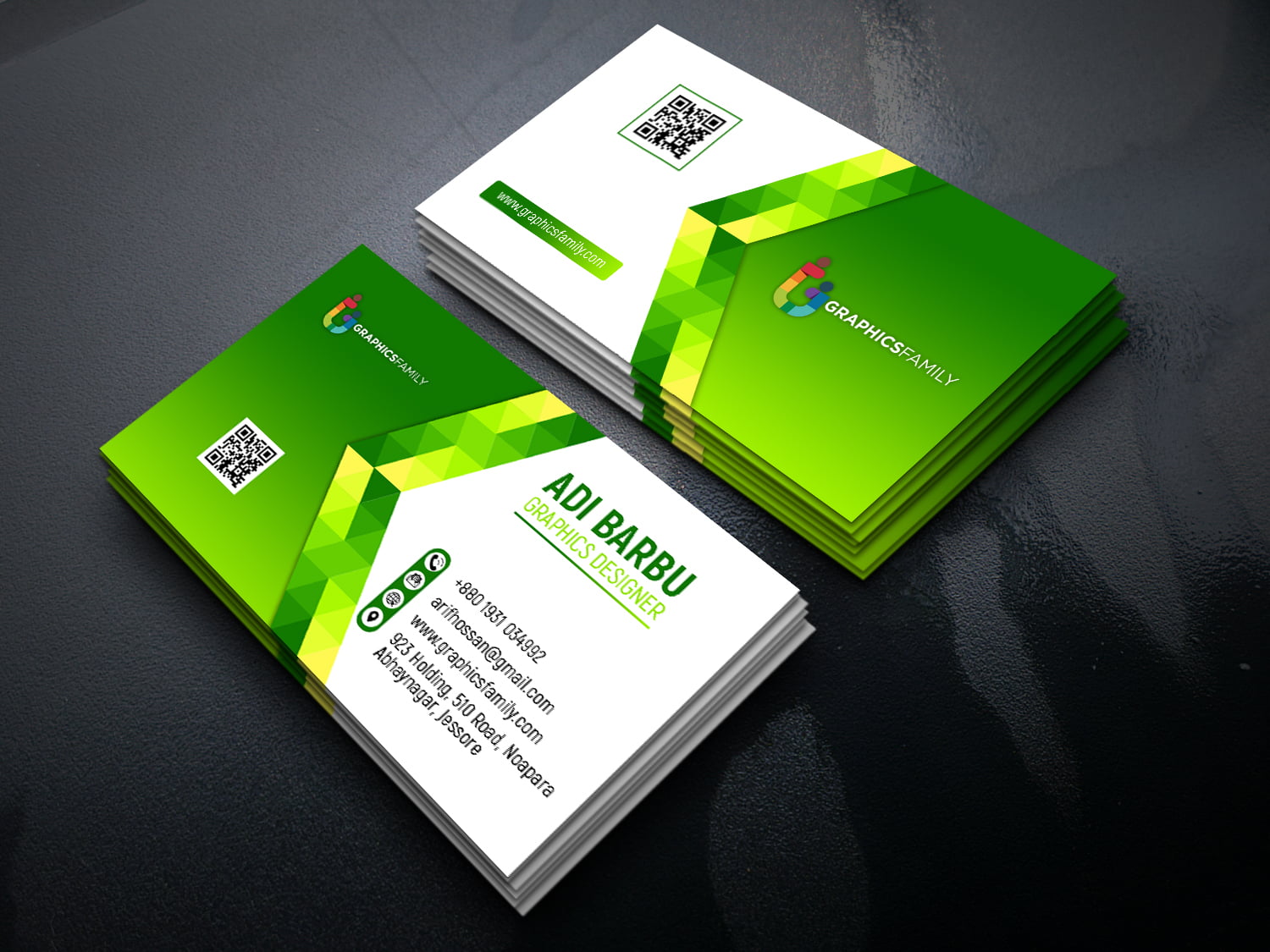Green Abstract Business Card Free PSD Template – GraphicsFamily With Regard To Visiting Card Templates Psd Free Download