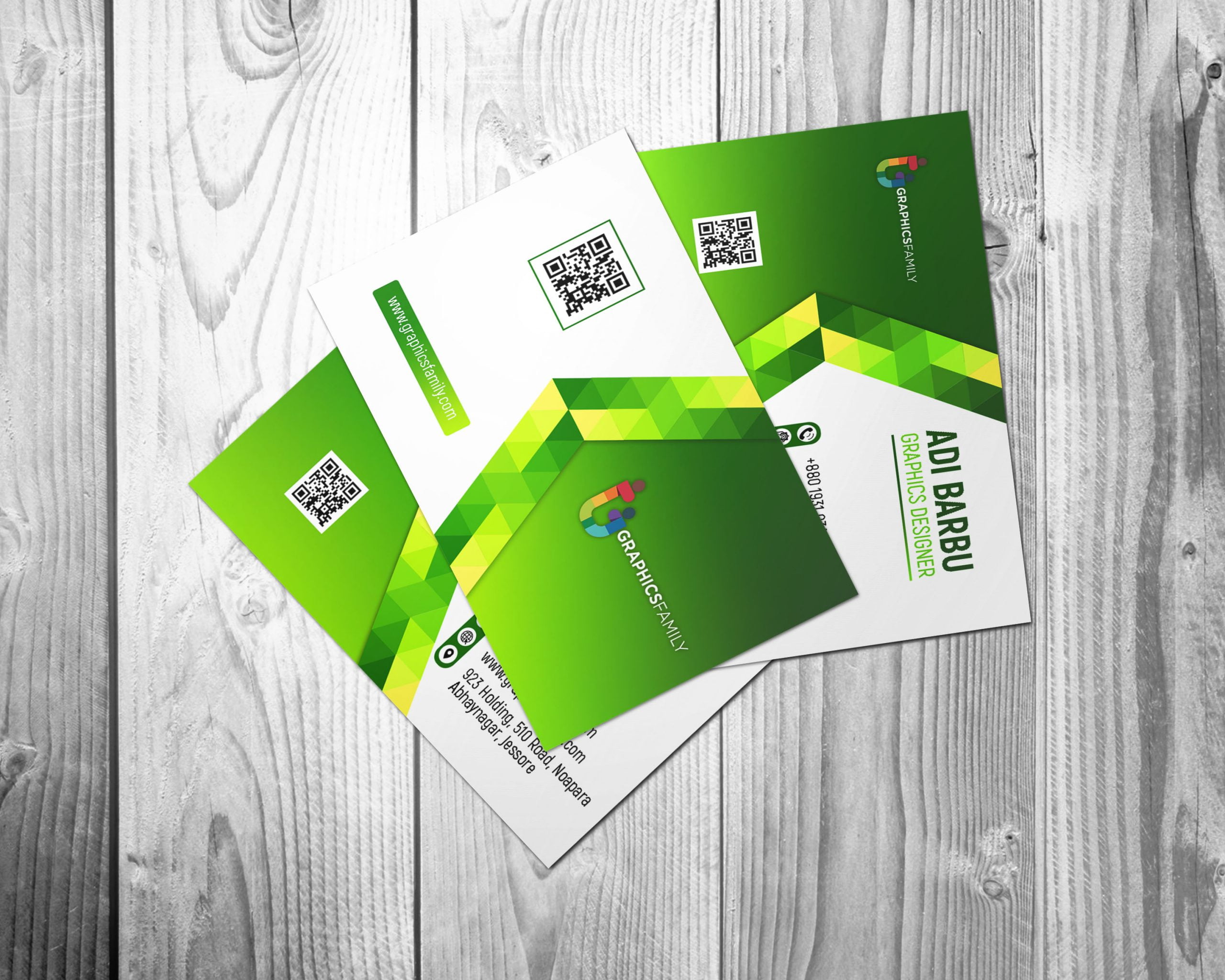 Green Abstract Business Card Free Psd Template on wood presentation