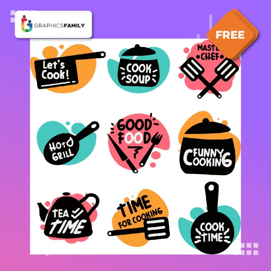 Cooking food lettering. kitchen badge logos, baking foods typography and cook labels set