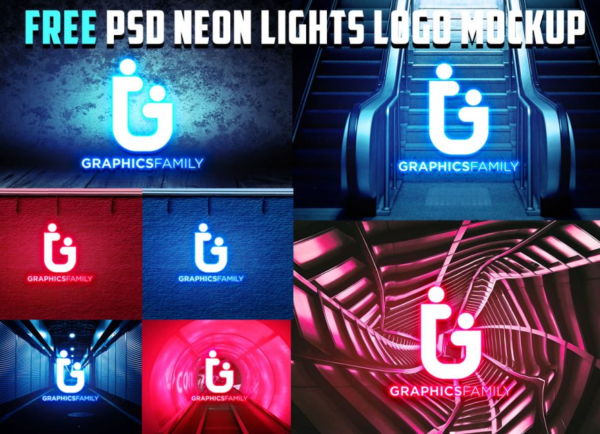 Free PSD Neon Lights Logo MockUp