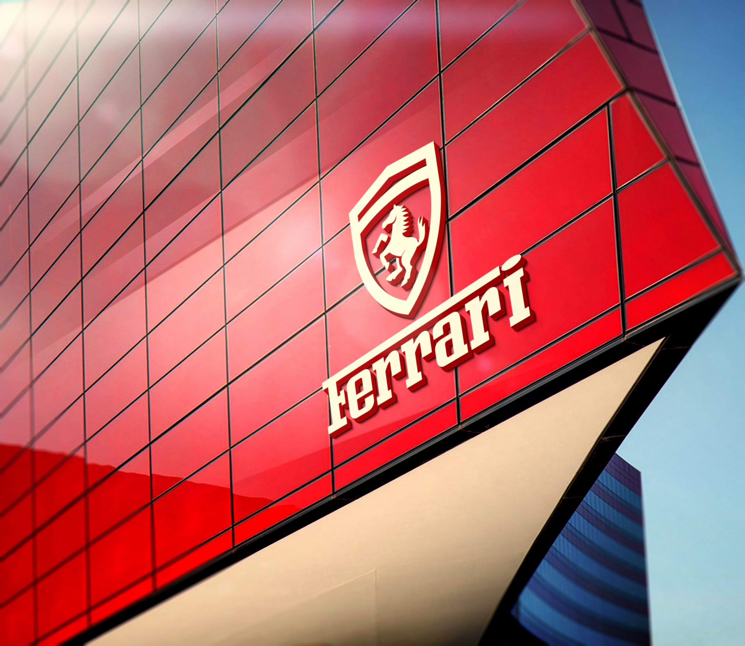Ferrari Free 3D Red Building Facade Logo Mockup