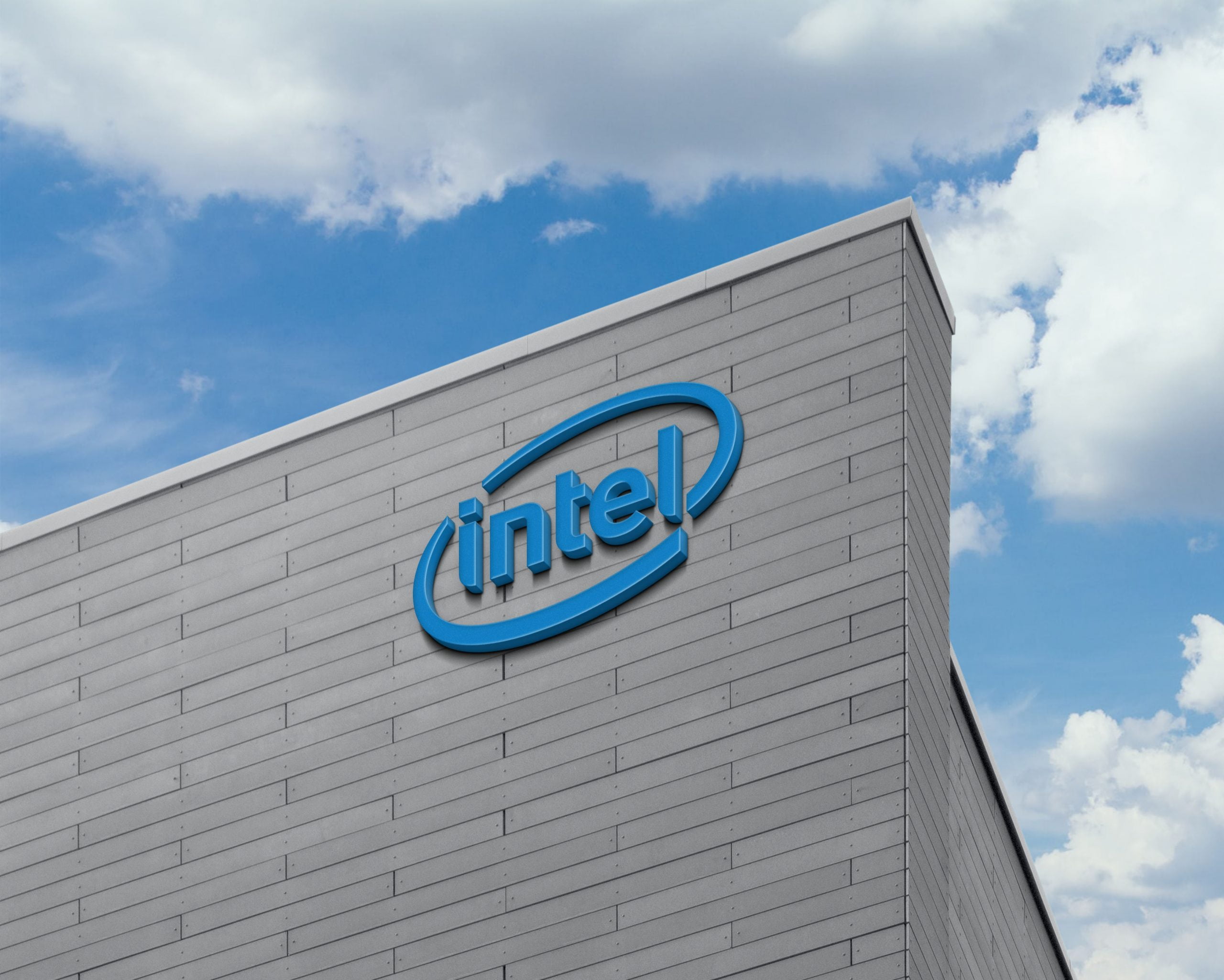 Intel Logo 3D Logo Sign on Building Facade Wall Mock-Up