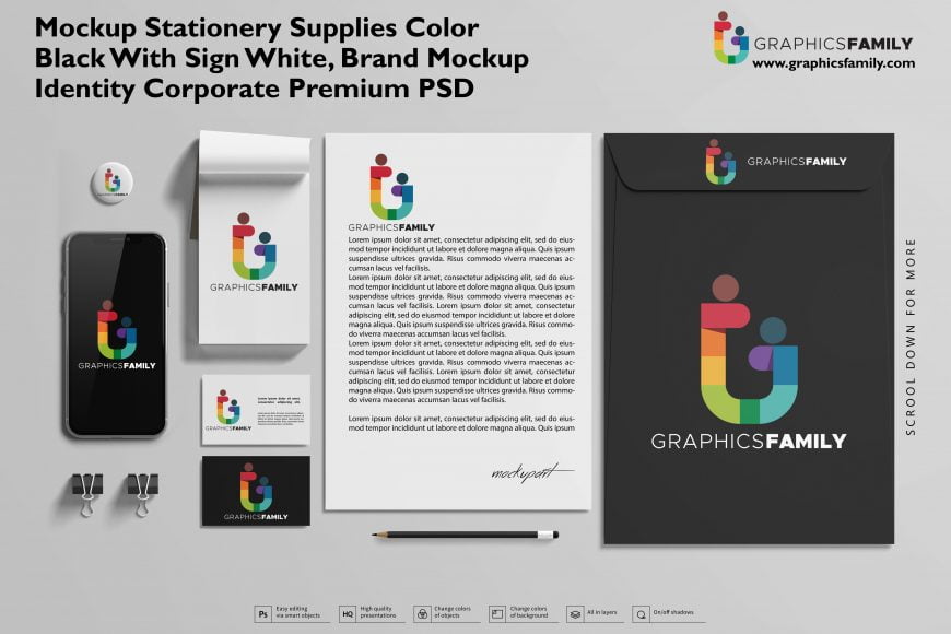 Mockup stationery supplies color Black with sign white, brand mockup identity corporate Premium PSD