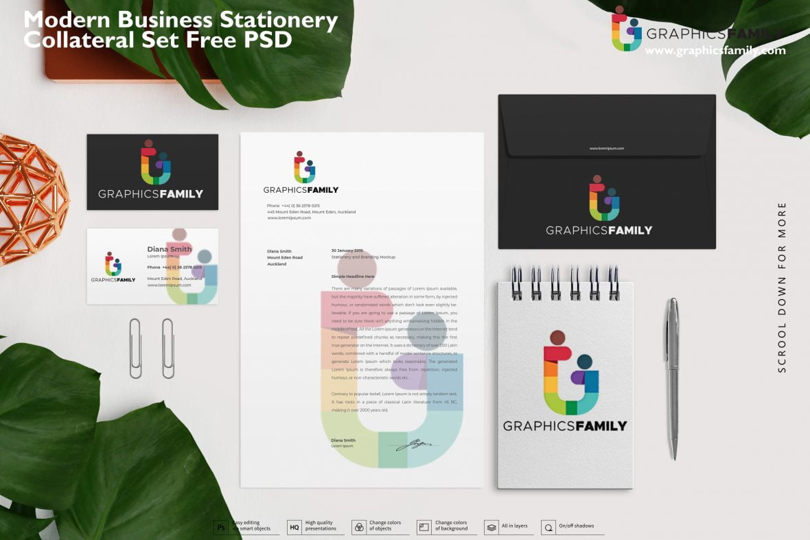Modern business stationery collateral set Free PSD