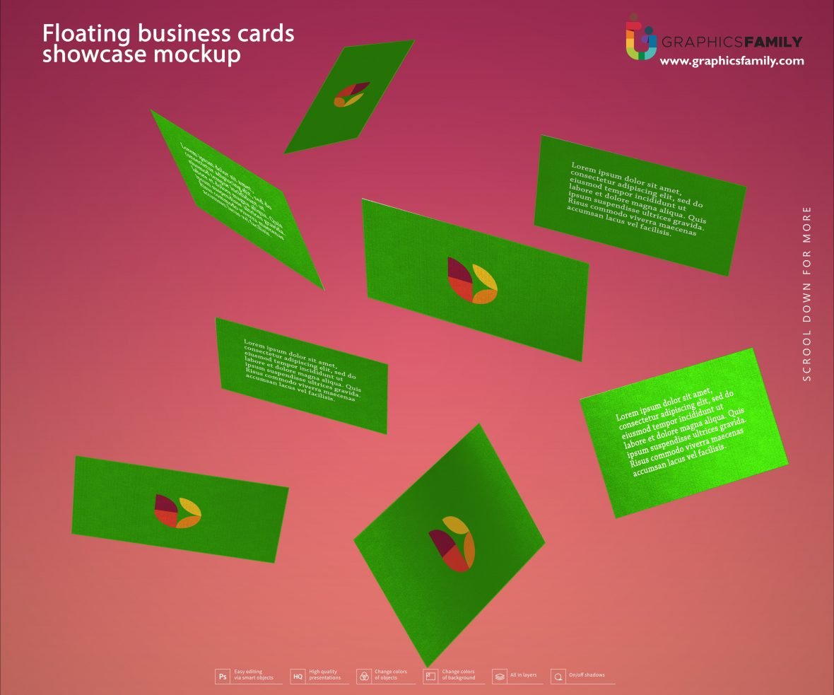 Floating business cards showcase mockup – GraphicsFamily