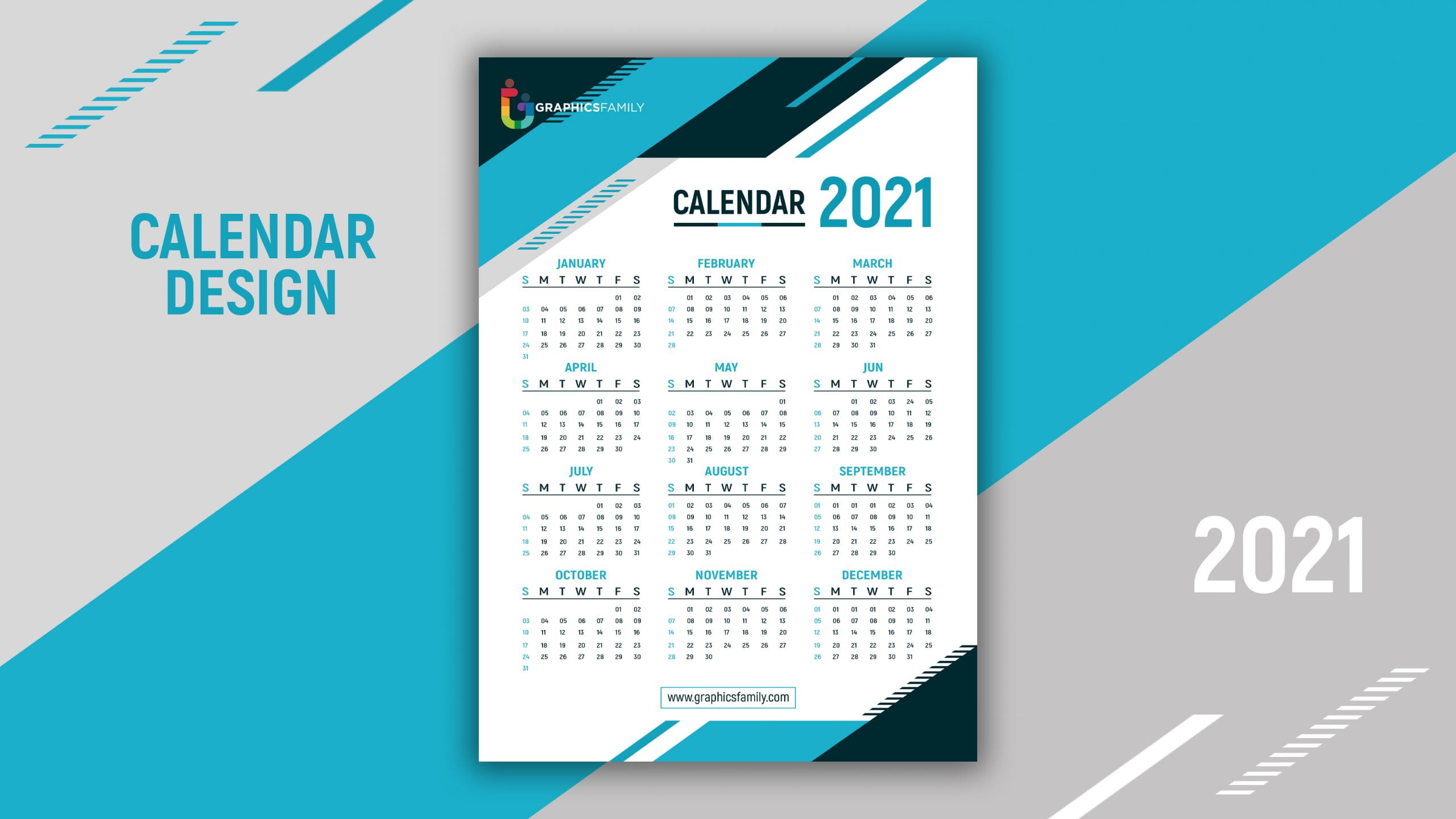 Geometric Style Professional 2021 Calendar Blue Design Template Free Vector – GraphicsFamily