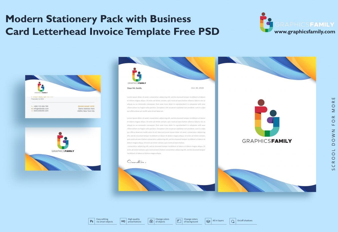 Modern Stationery Pack with Business Card Letterhead Invoice Template Free Psd 2