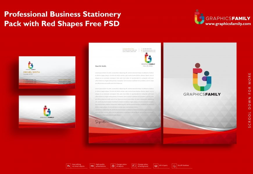 Professional Business Stationery Pack with Red Shapes Free PSD