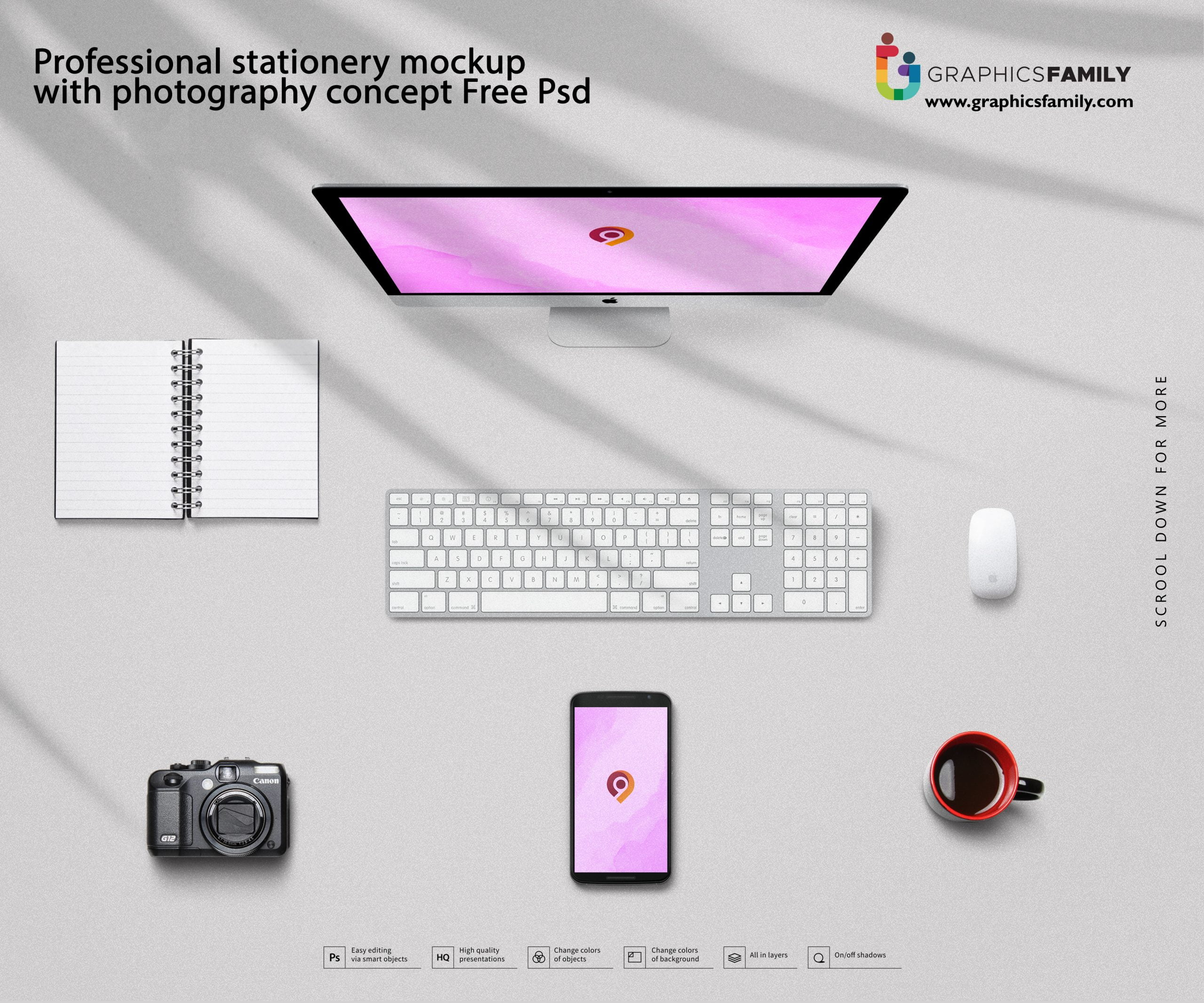 Professional stationery mockup with photography concept psd download