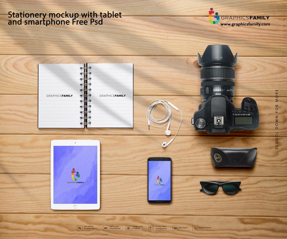 Stationery mockup with tablet and smartphone Free Psd