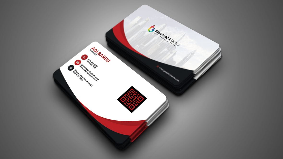 White business card with red and black details
