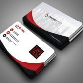 White business card with red and black details