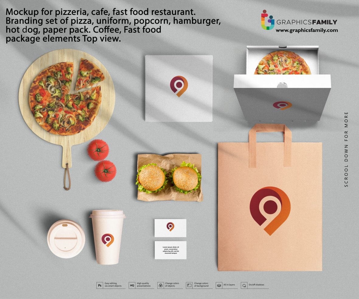 Mockup for pizzeria, cafe, fast food restaurant. Branding set of pizza, uniform, popcorn, hamburger, hot dog, paper pack. Coffee, Fast food package elements Top view.