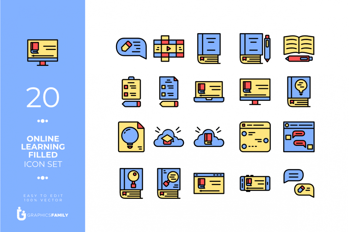 20 Online Learning Filled Icon Set (SVG)