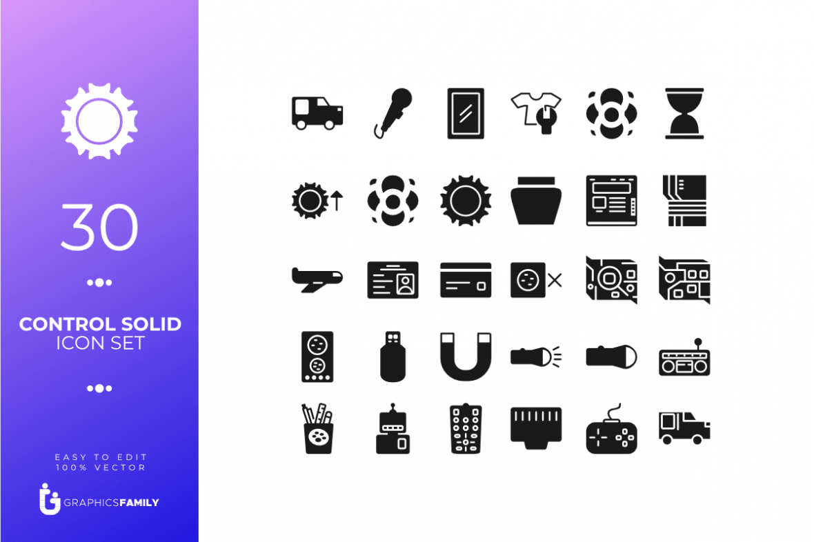 30 Control Icon Set Solid Style (SVG)