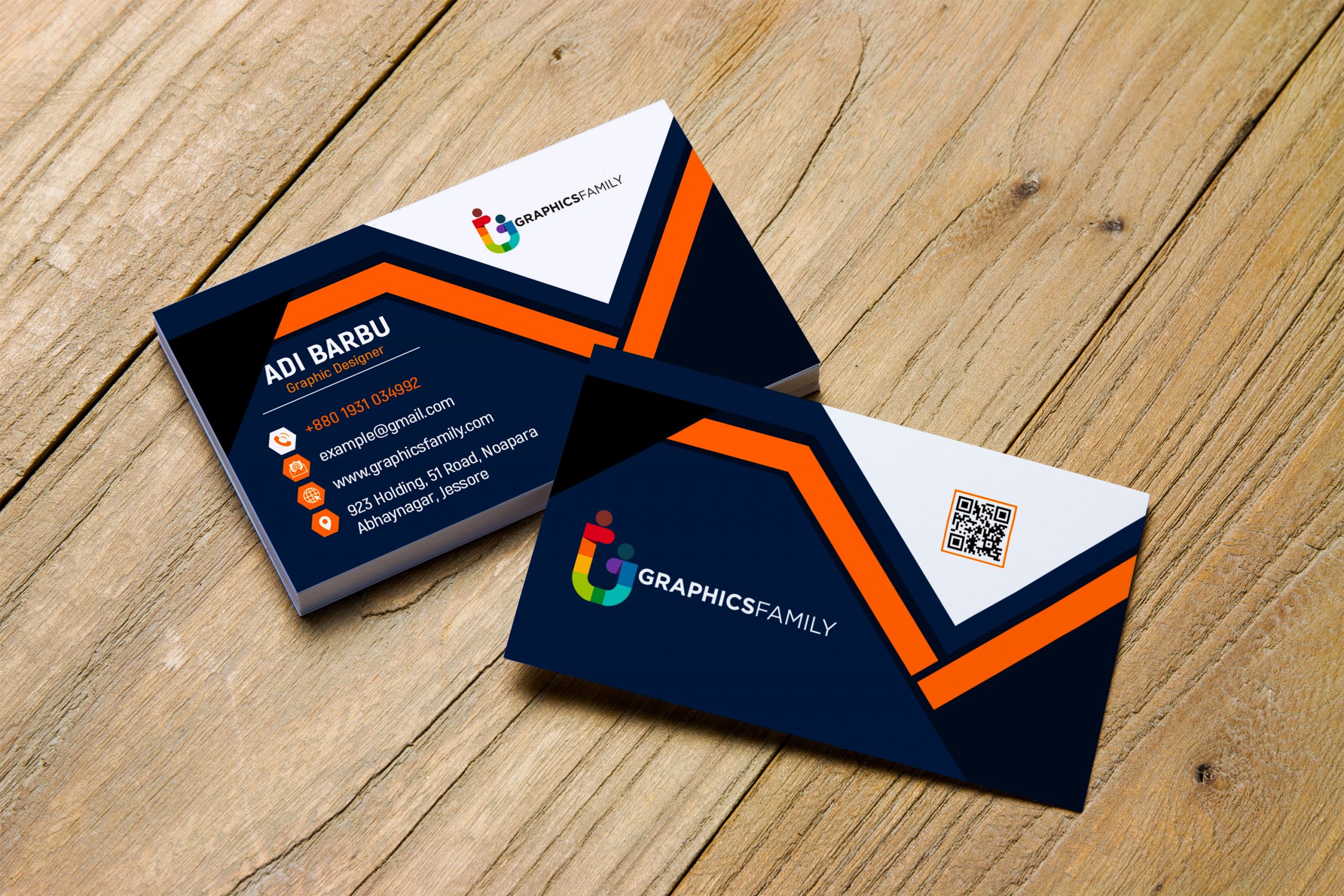 GraphicsFamily Orange Blue White Visiting Card Template in Photoshop