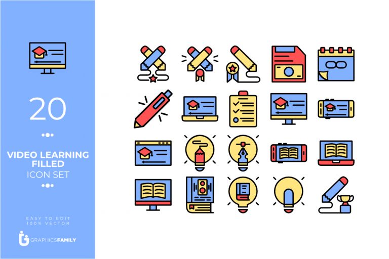 Video Learning Filled Icons – GraphicsFamily