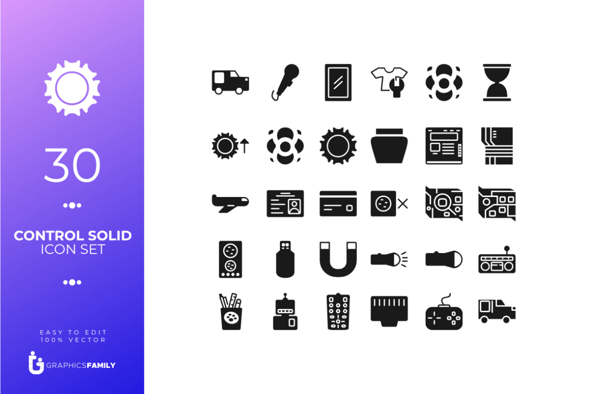 30 Control Icon Set Solid Style (SVG)