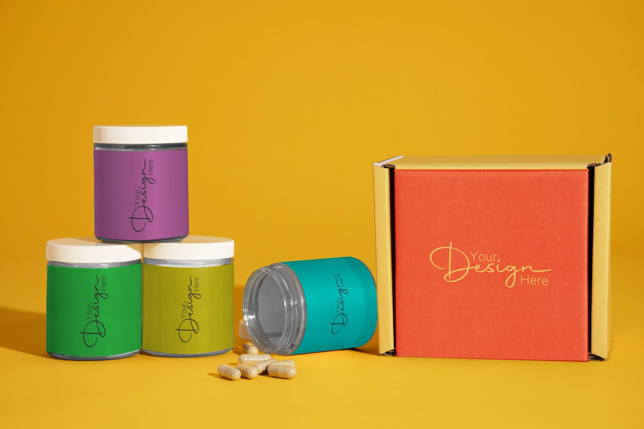 Medicine jar set with box design mockup GraphicsFamily