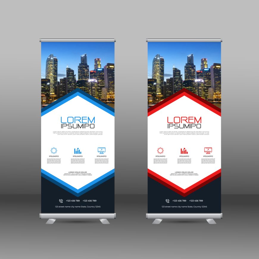 Creative blue and red rollup standee banner design