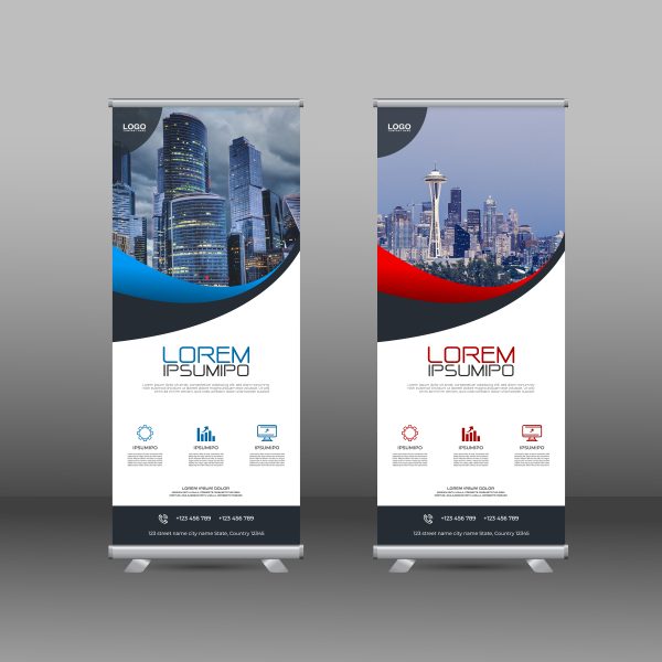 Modern company rollup banner in blue and red color – GraphicsFamily