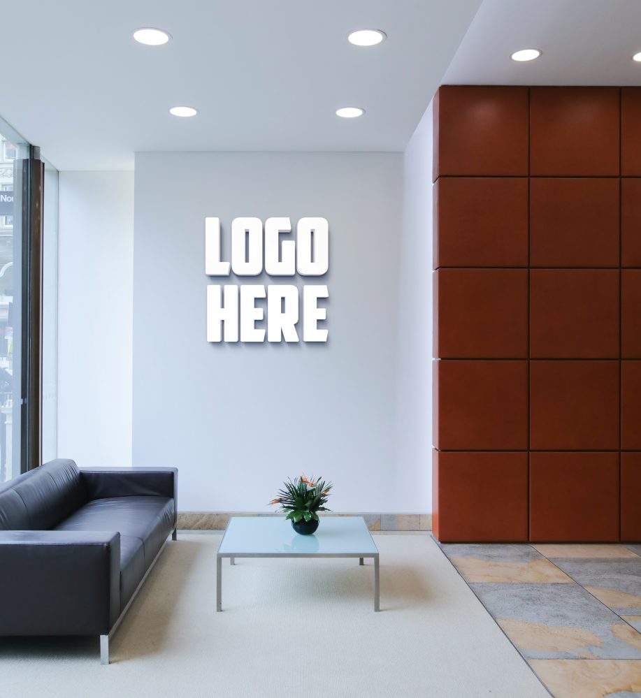 Office Room Logo Mockup with White 3D Wall Logo by GraphicsFamily.com