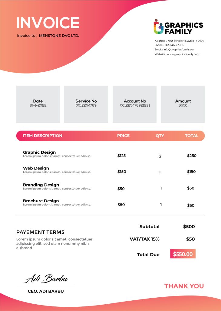 Free Professional Invoice Template Design – GraphicsFamily