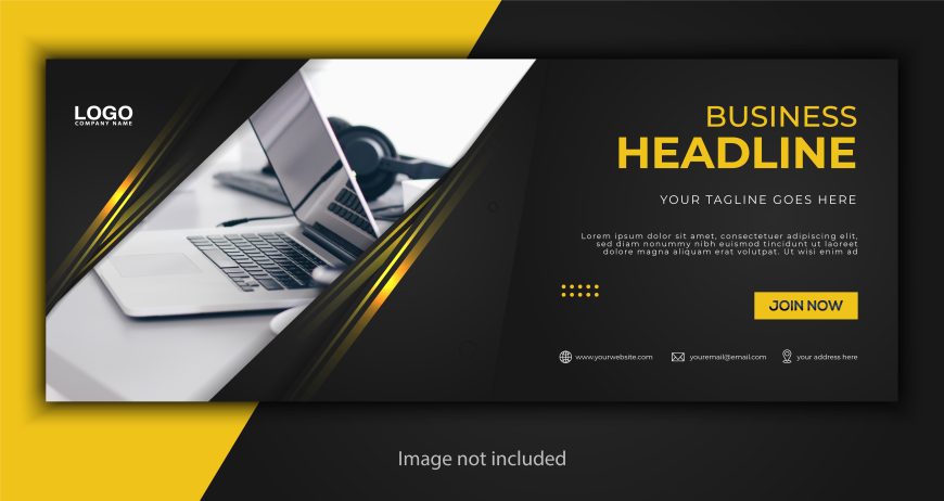 Professional website banner with yellow shapes