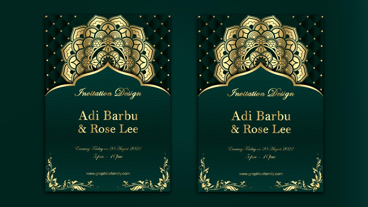 Free Wedding Invitation Card Design with Green and Gold Colors