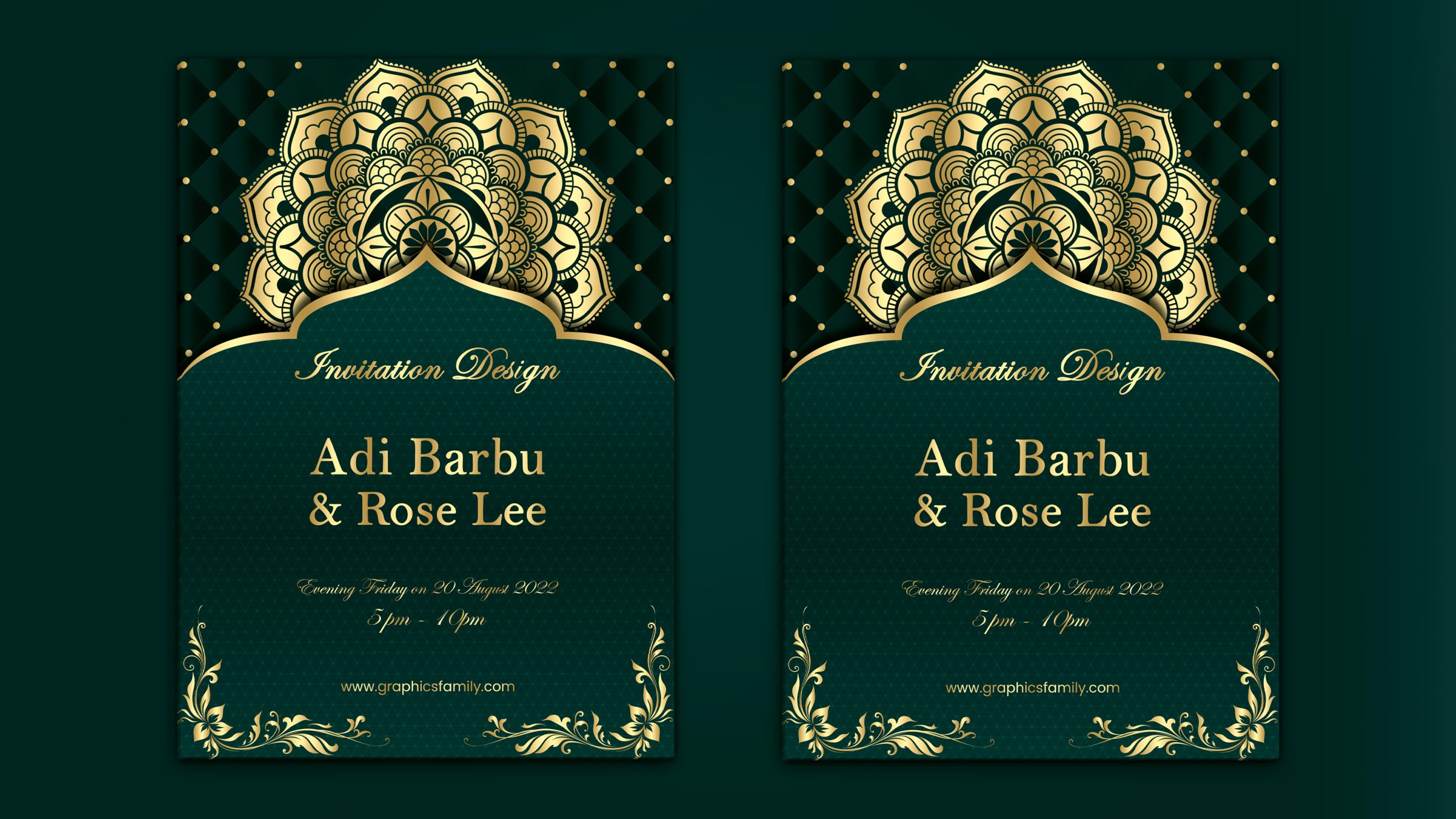 Free Wedding Invitation Card Design with Green and Gold Colors –  GraphicsFamily