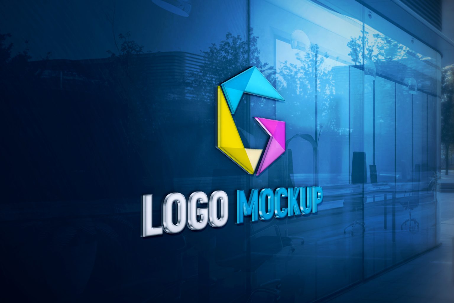 3D Glass Logo Mockup on Blue Office Wall – GraphicsFamily