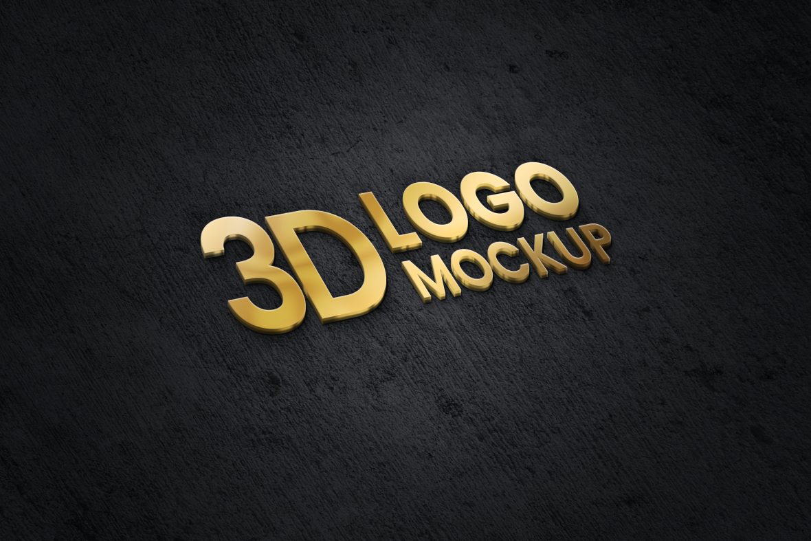 3D Golden Metal logo Mockup on Black Wall