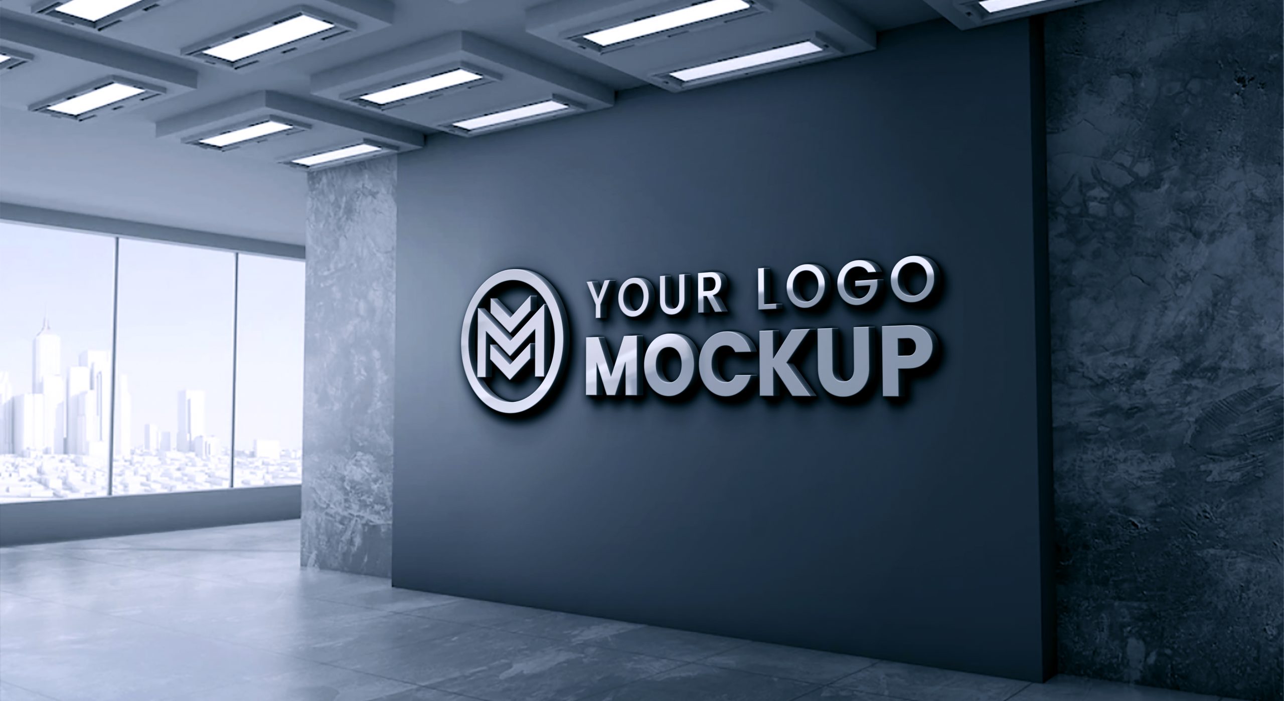 3D office wall logo mockup with dark gray wall – GraphicsFamily