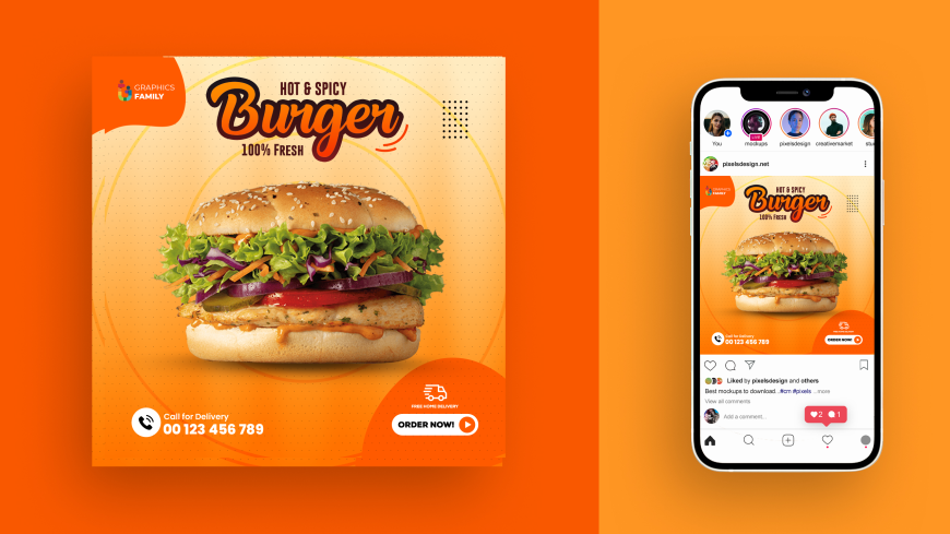 Burgers Fast Food Delivery Social Media Instagram Post Banner Template