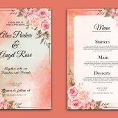 Romantic watercolor wedding invitation and menu template