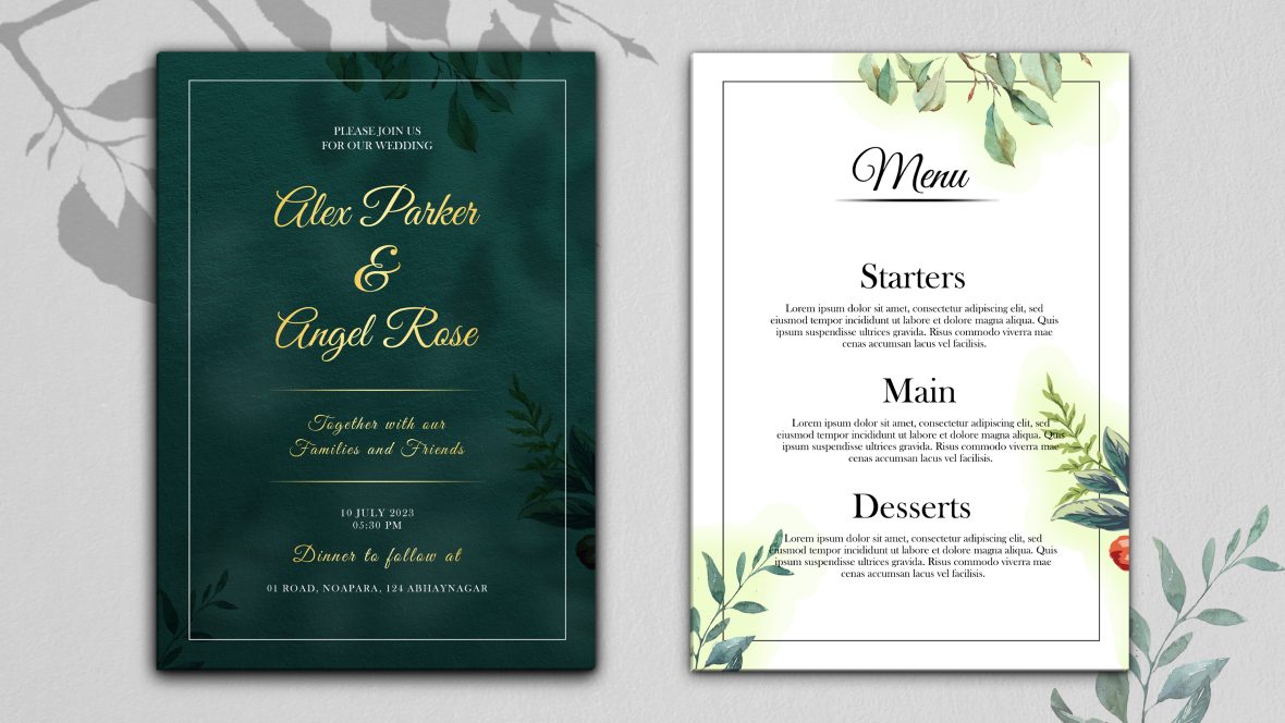 Wedding invitation and menu template with beautiful leaves