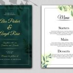 Wedding invitation and menu template with beautiful leaves