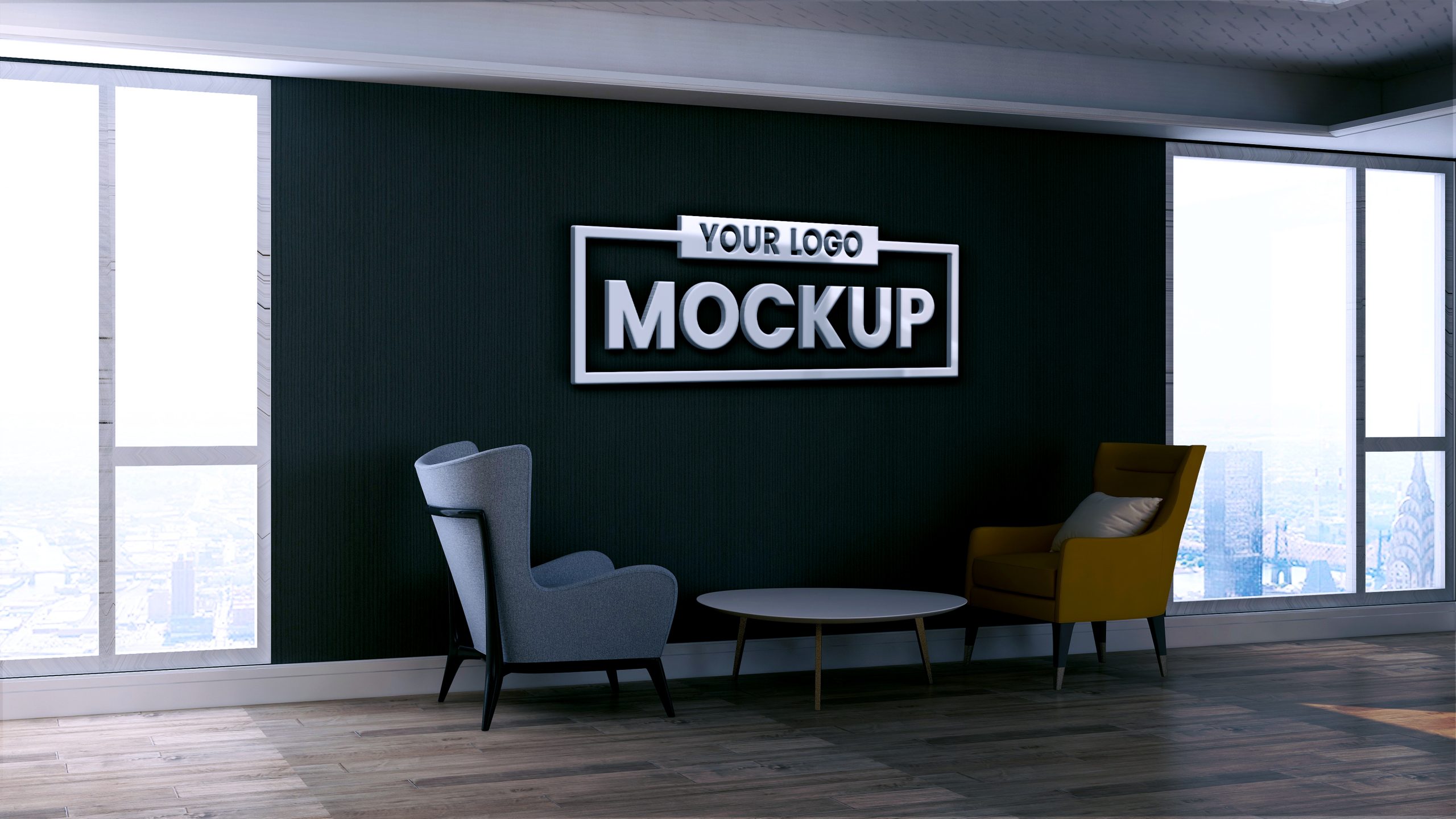 3D logo mockup on black wall office room – GraphicsFamily